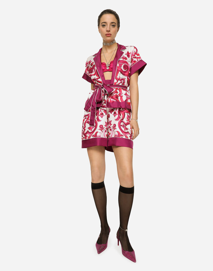 Dolce & Gabbana Majolica Print High-waist Silk Twill Shorts In Red
