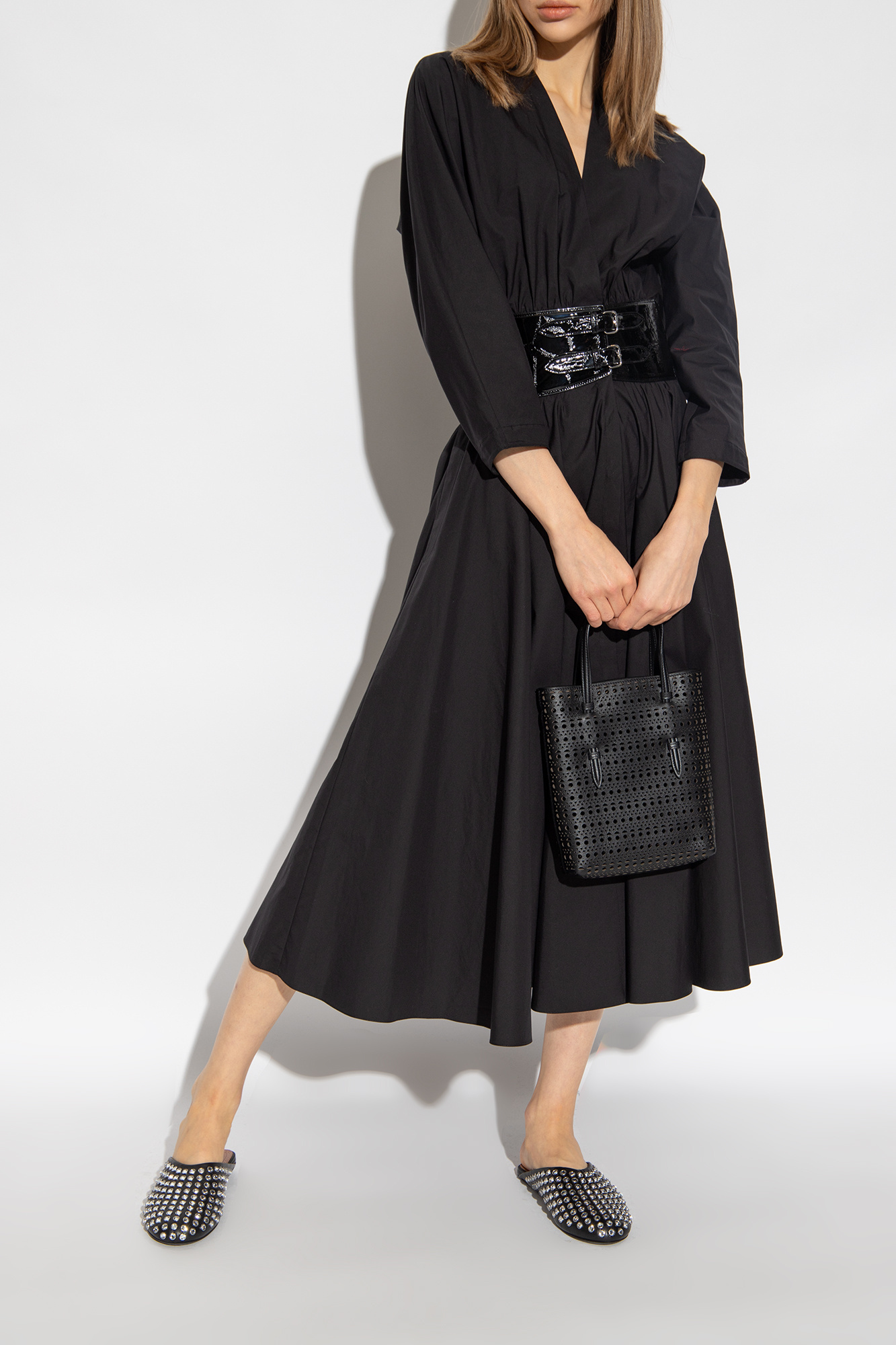 Alaïa Women Black Nappa Leather Rhinestone Flat Mules In Black