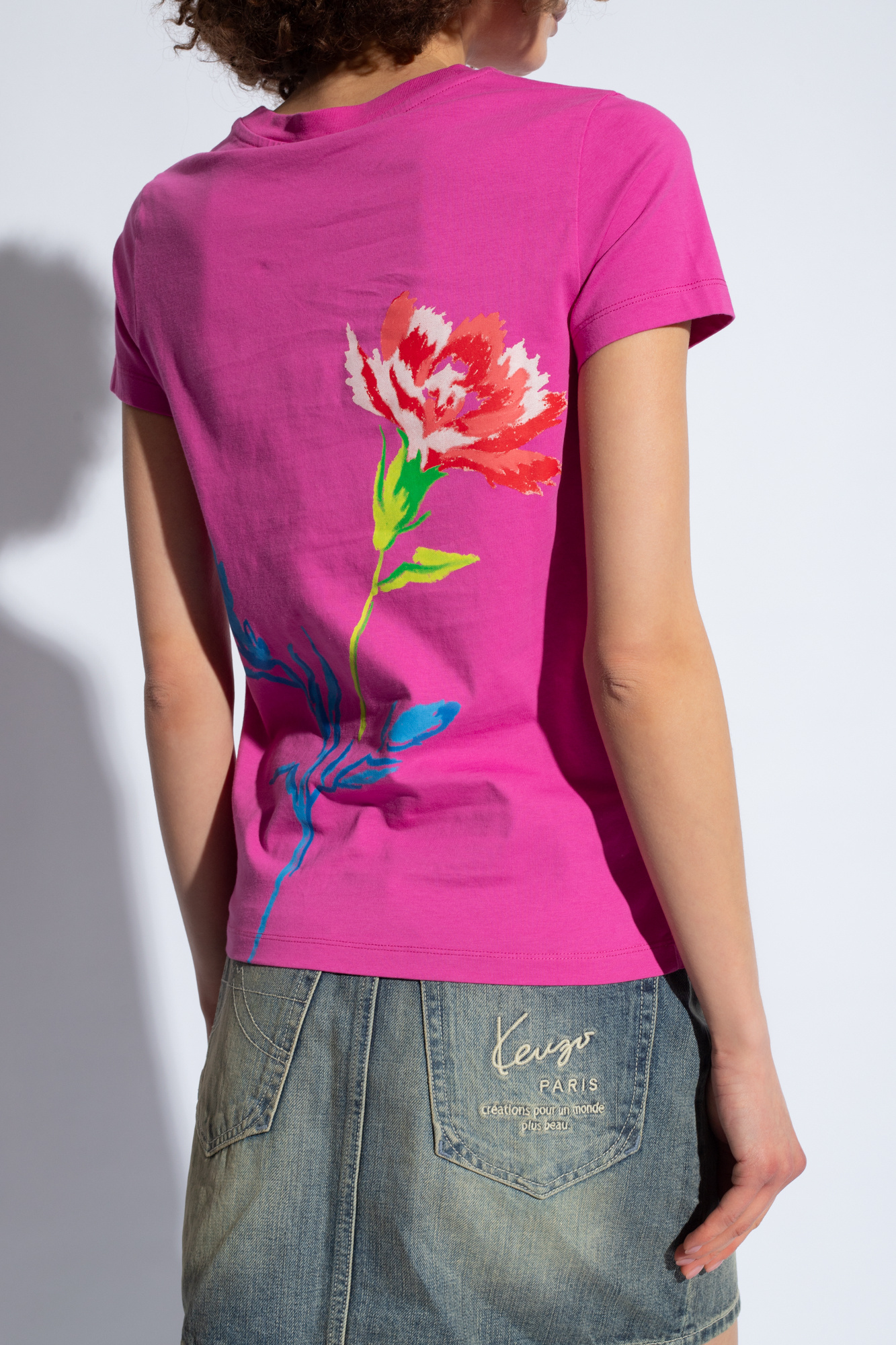 Kenzo Drawn Flower Cotton T-shirt In Pink