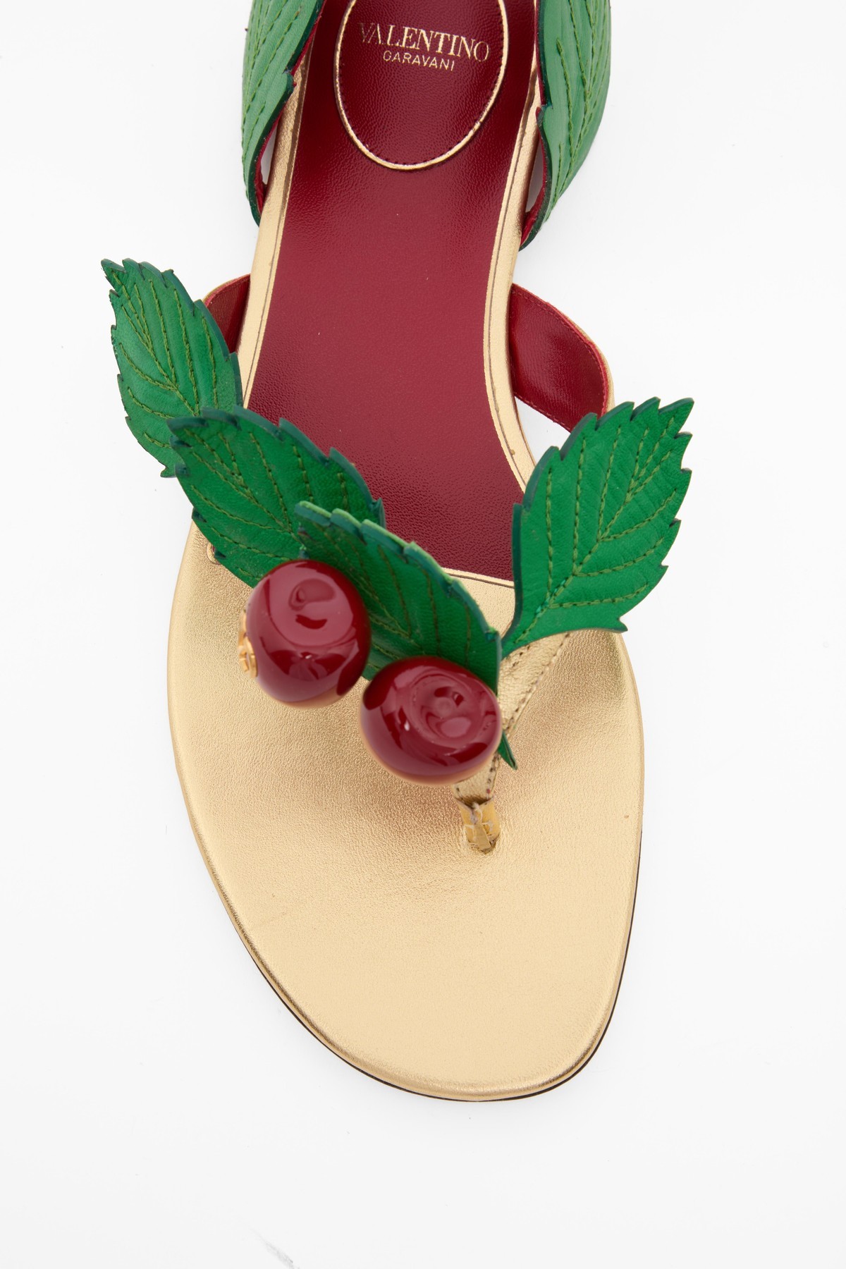 Valentino Leather Cherryfic Thong Sandals Leaf Ankle Strap In Green