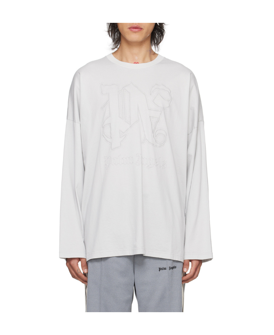 Palm Angels Gray Monogram Long Sleeve T-shirt In White