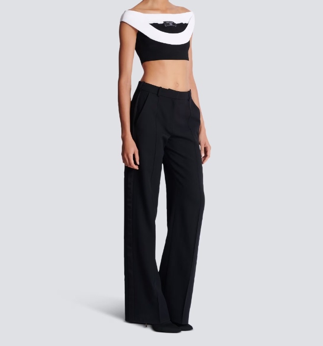 Balmain Two-tone Knit Cropped Top With Double Neckline In White