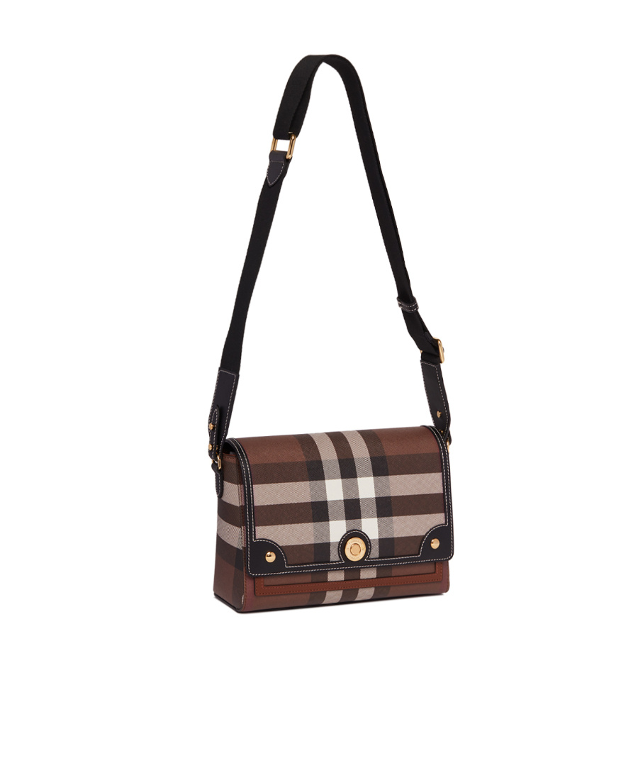Burberry Womens Dark Birch Brown Note Check-print Coated Cotton Shoulder Bag In Brown