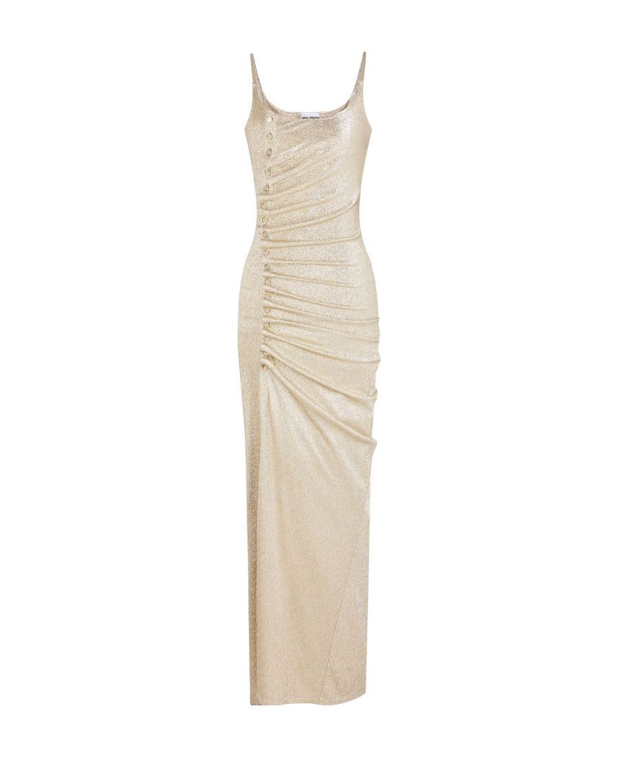 Rabanne Metallic Pleated Dress With Side-button Ruched Detail In Nude