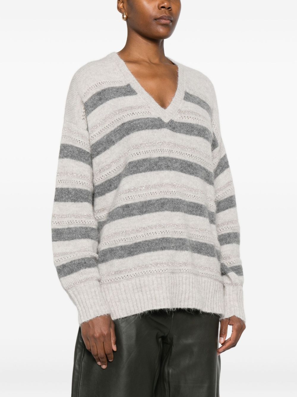Twinset Horizontal Striped Knit Sweater With V-neckline In Multi