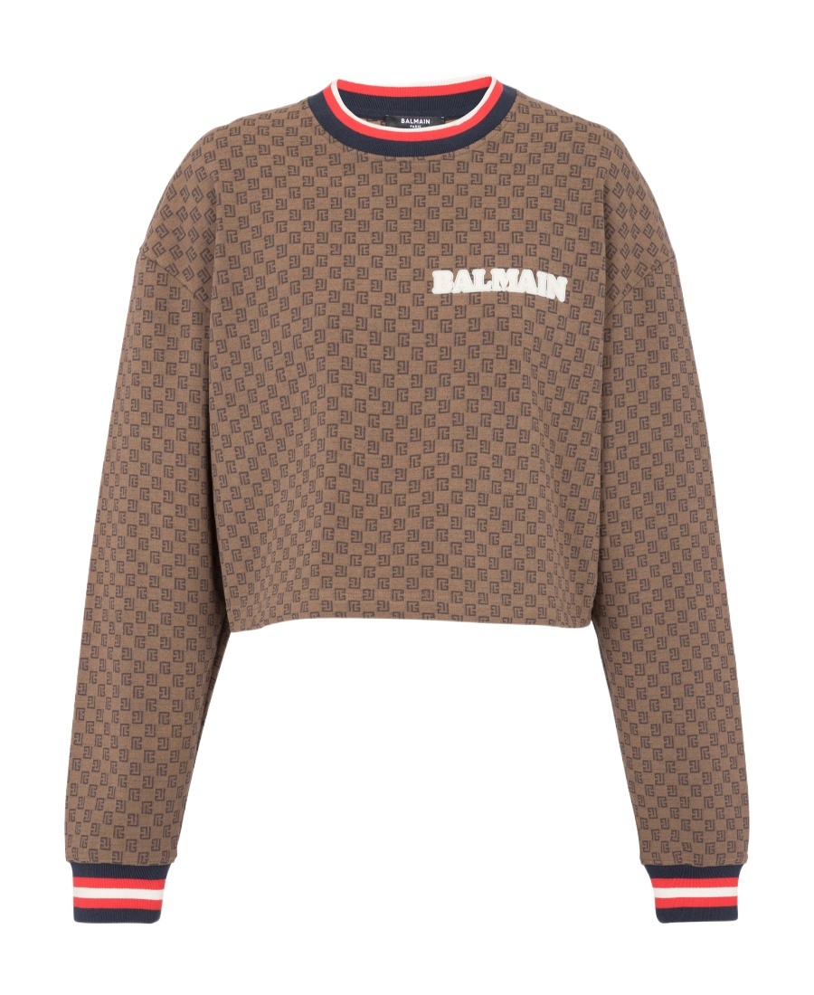 Balmain Monogram-print Cropped Sweatshirt In Brown