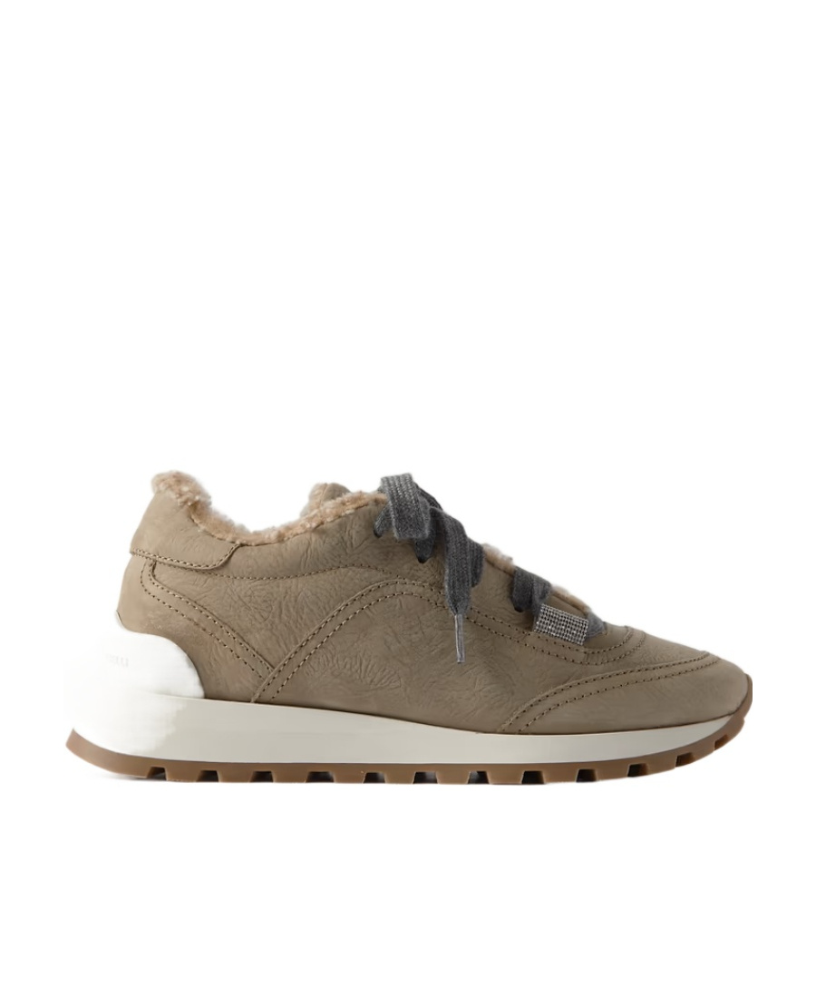 Brunello Cucinelli Shearling-lined Low-top Sneakers In Brown