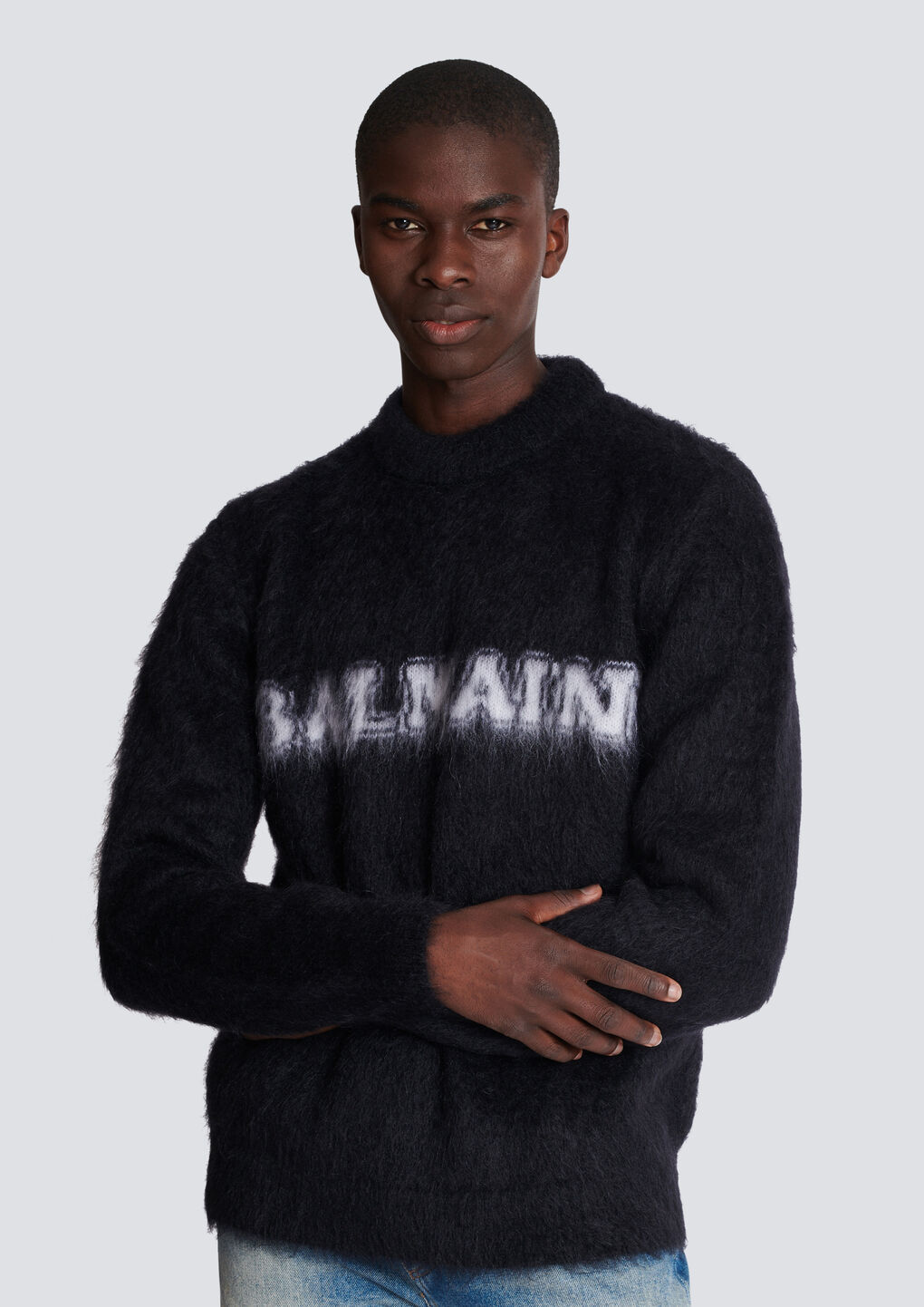 Balmain Black Crewneck Sweater With Maxi Logo Lettering On The Front And Brushed Effect In Wool Blen In Black