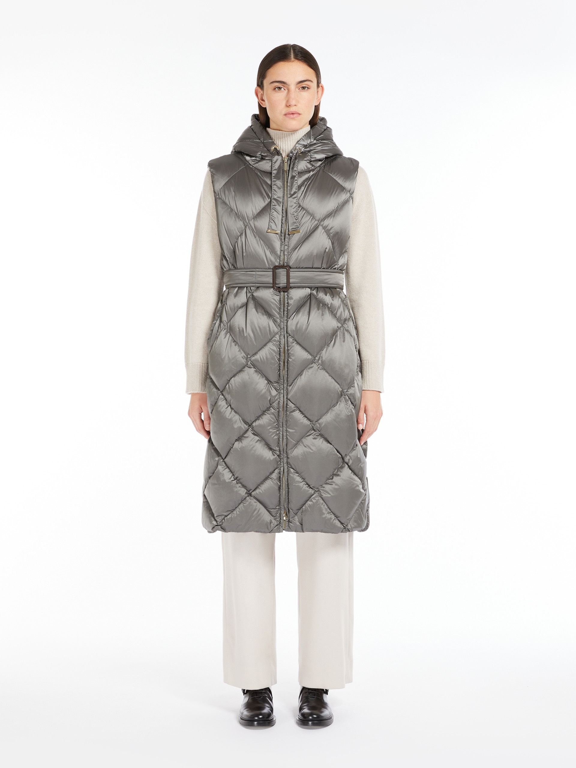 Max Mara Hooded Belted Vest In Water-repellent Canvas In Gray