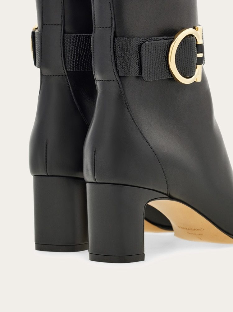 Ferragamo Gancini Ornament Mid Heel Ankle Boot In Black