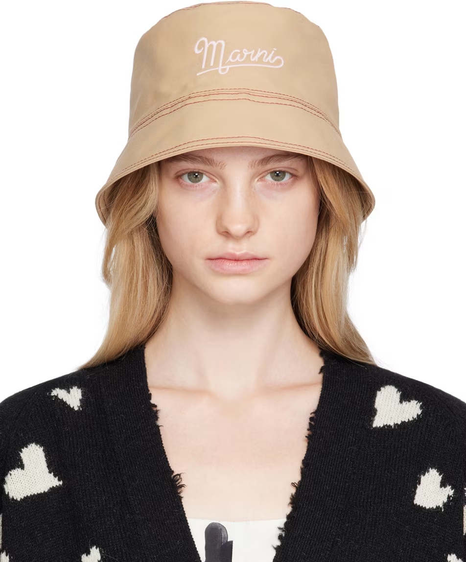 Marni Beige Linen And Cotton Bucket Hat With Embroidery In Nude