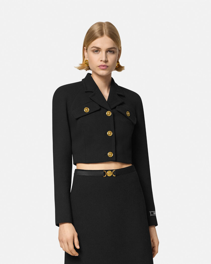 Versace Single-breasted Stretch Crepe Crop Informal Jacket In Black