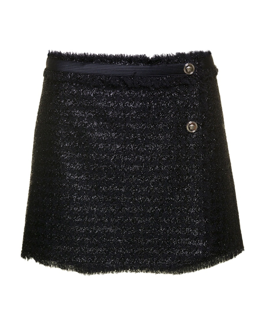 Versace Black Mini Lurex Skirt With Silver-tone Hardware In Black