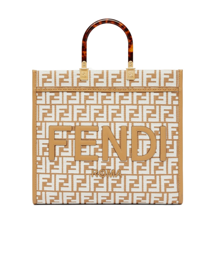 Fendi Raffia Shopper Bag With White Tapestry Fabric Ff Motif In Nude