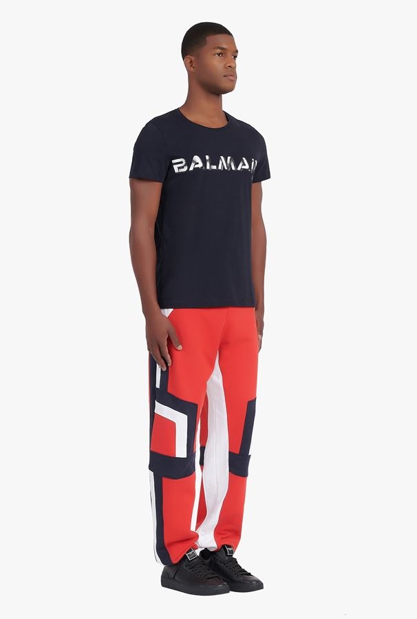 Shop Balmain Navy Blue Cotton T-shirt With White Logo Print In Black