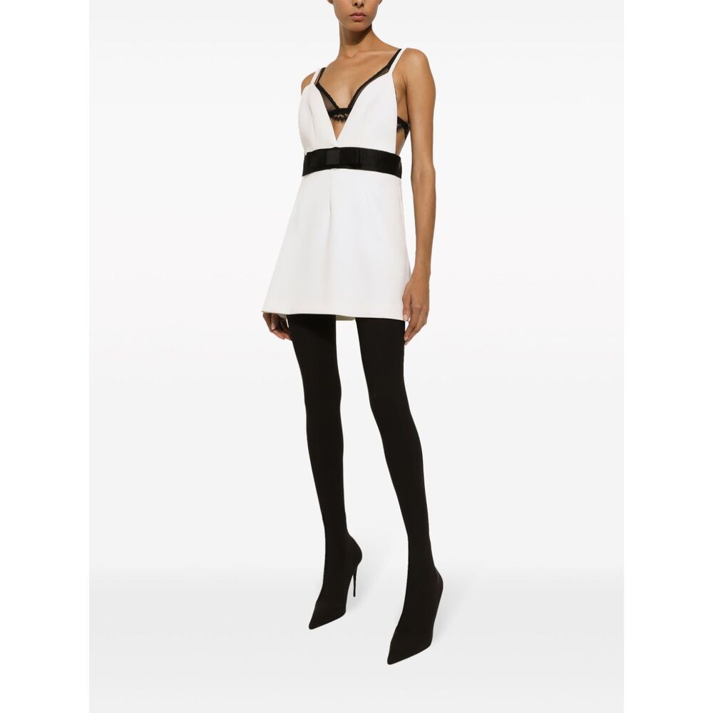Dolce & Gabbana Woolen Dress With Satin Belt And Straps In Neutral