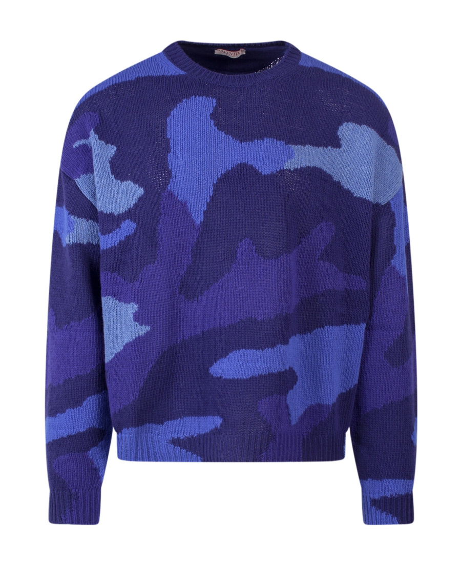 Valentino Pullover Made Of Pure Virgin Wool With A Camouflage Pattern In Blue