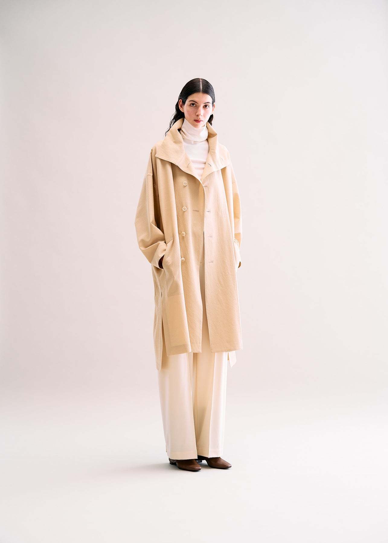 Issey Miyake Long-sleeved Wool Coat In Nude