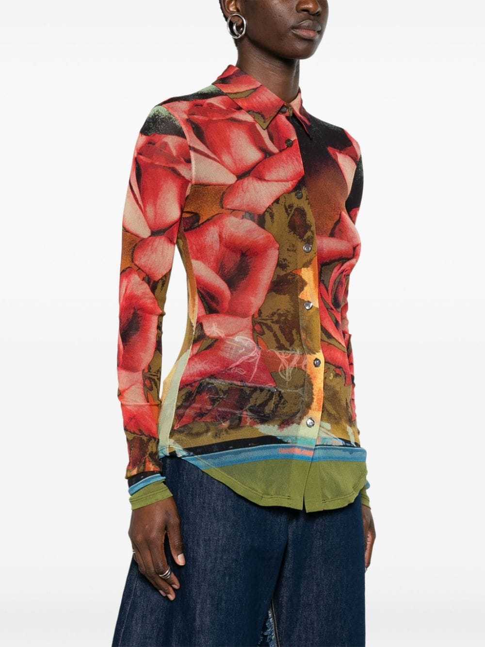 Jean Paul Gaultier Red Rose-print Mesh Shirt In Multicolor
