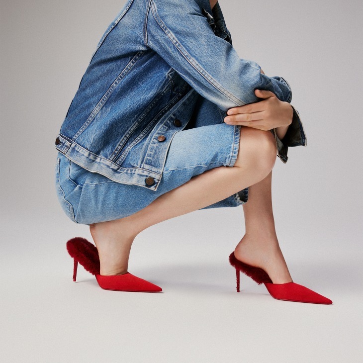 Christian Louboutin Km Faux Fur Satin Mule Pumps In Red