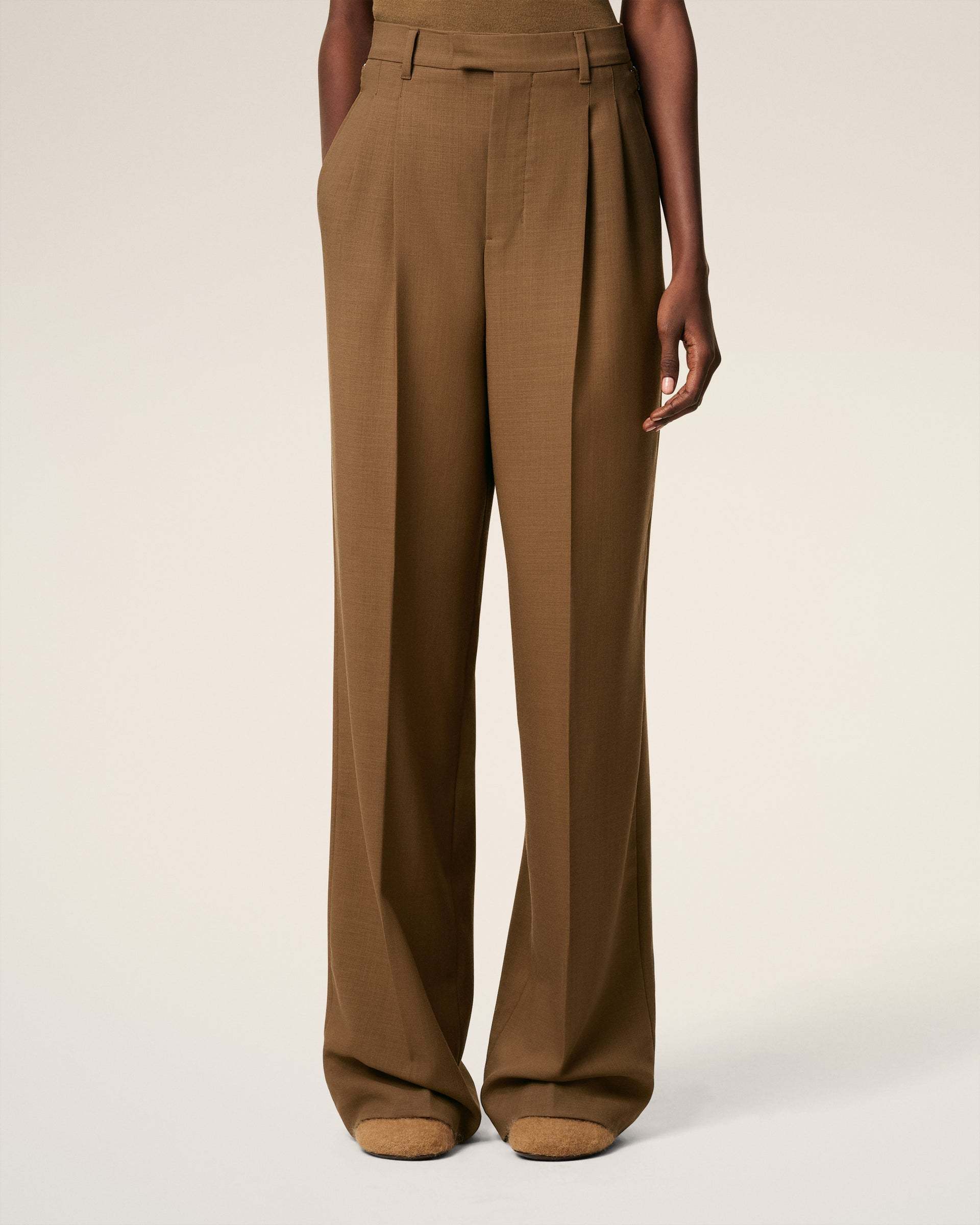 Ami Alexandre Mattiussi Brown Wool High Waist Tabs Wide Trousers Brown In Brown