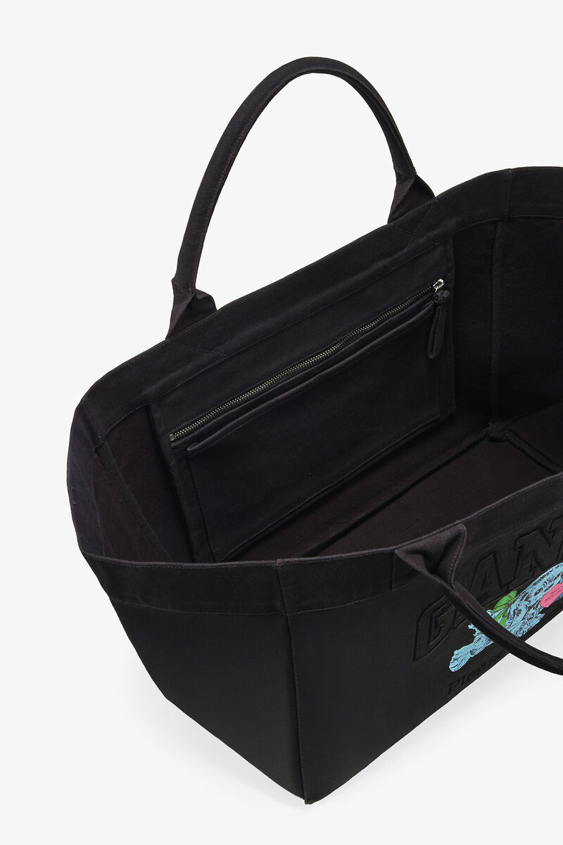 Ganni Black Puppy Xxl Canvas Tote Bag In Black