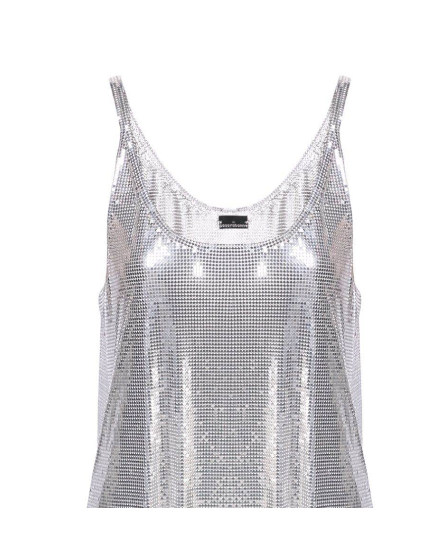 Rabanne Metallic Sleeveless Top With Spaghetti Straps And Chainmail In Tech Fabric Woman In Multicolor