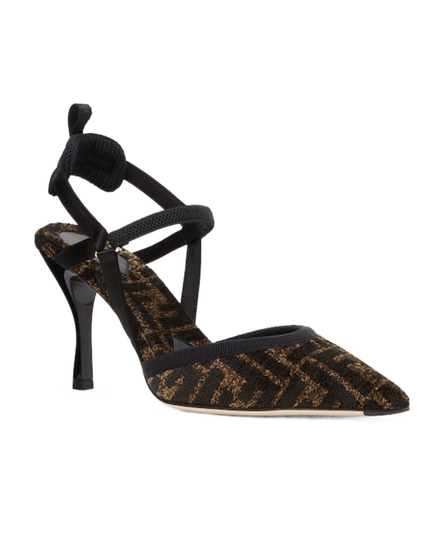 Fendi High-heeled Black Chenille Slingbacks In Black