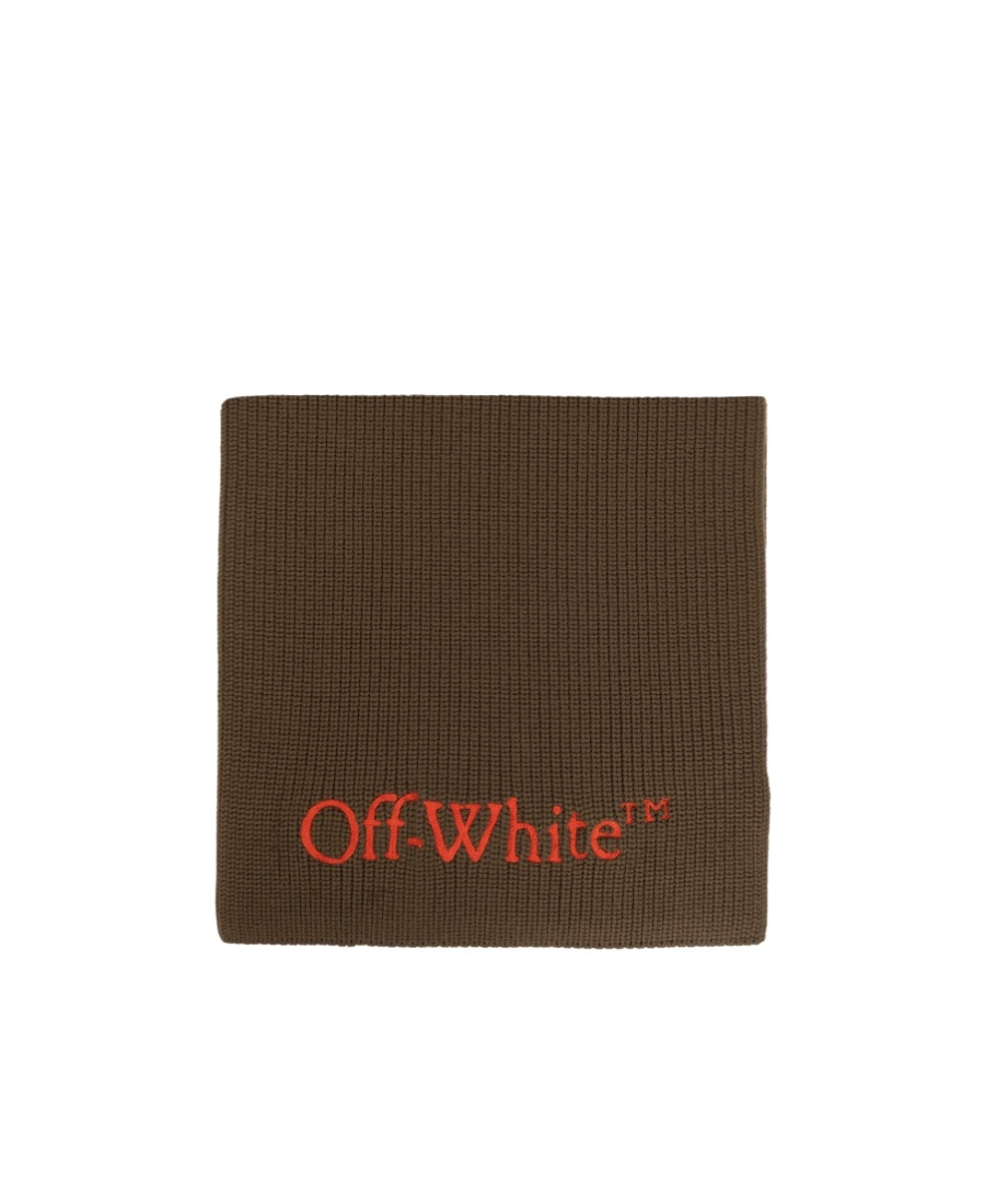 Off-white Virgin Wool Scarf With Embroidered Logo In Green