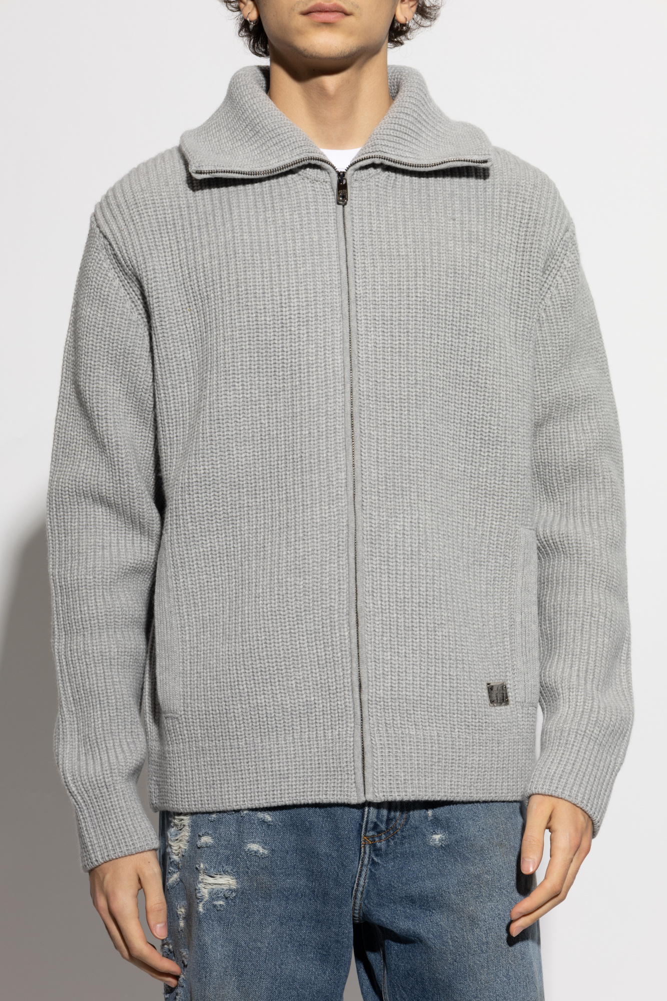 Dolce & Gabbana Lapel Long-sleeved Sweater In Gray