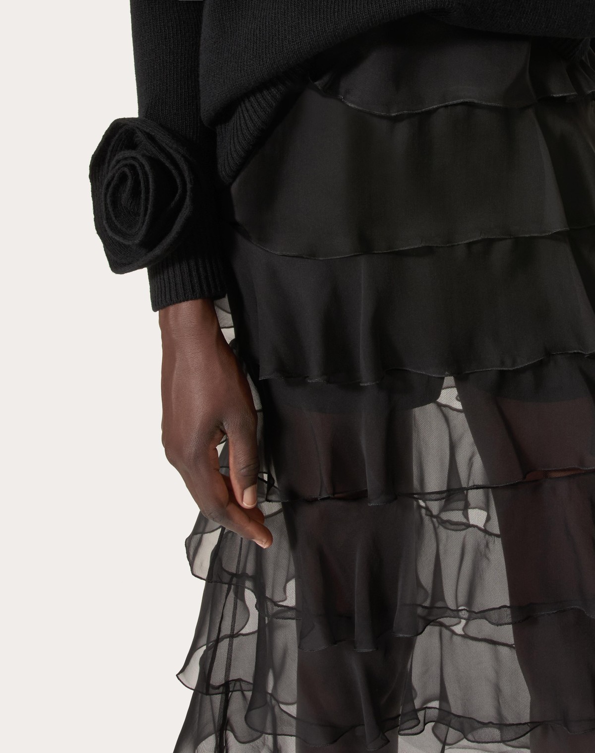 Valentino Semi-sheer Chiffon Midi Tiered Skirt In Black