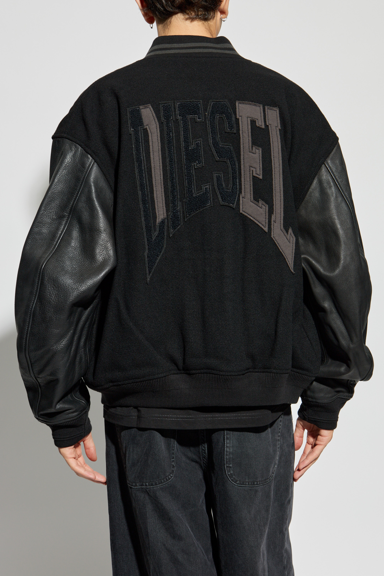 Diesel Varsity Bomber Jacket In Cotton And Leather In Black