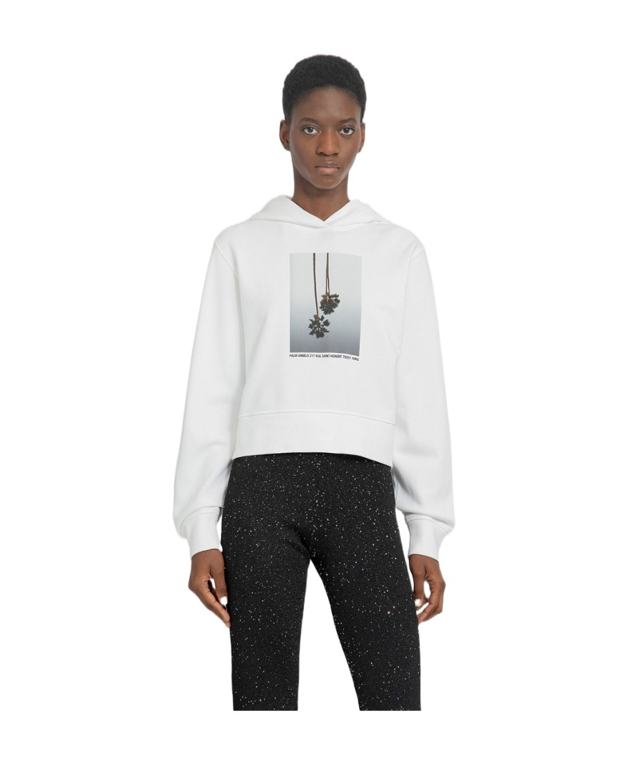 Palm Angels White Cropped Hoodie And Contrasting Print In White