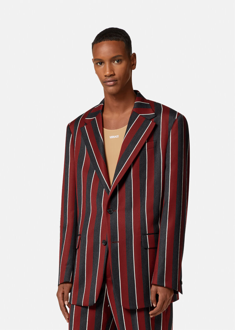 Versace Regimental Stripes-print Single-breasted Blazer In Black