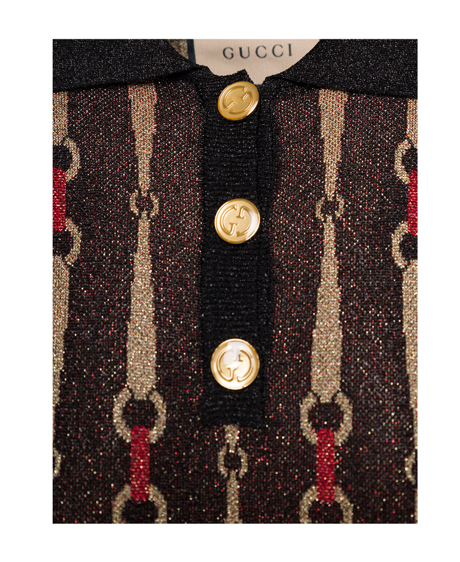 Gucci Mini Black Dress With Short Sleeves And All-over Horsebit Print In Lurex Woman In Black