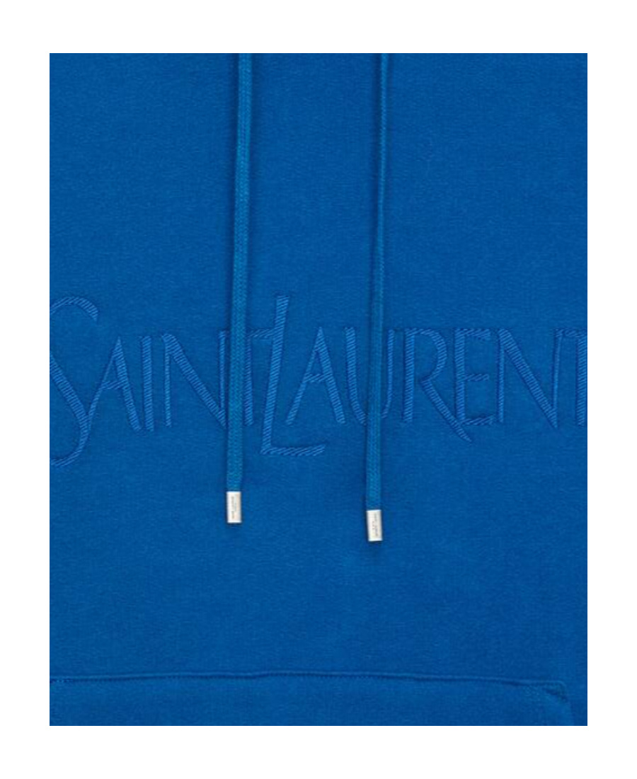 Saint Laurent Logo Cotton Hoodie In Blue