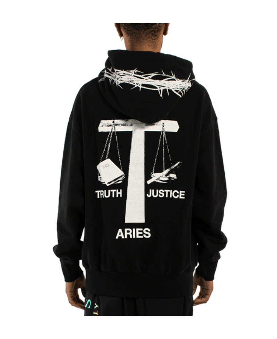 Aries Hoodie With Drawstring Hood And Back Detail In Black