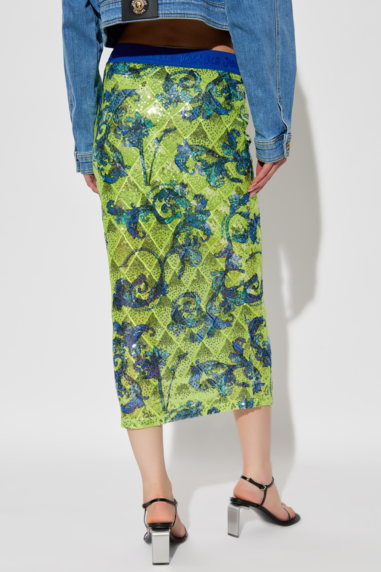 Shop Versace Jeans Sequin-embellished Midi Skirt In Green