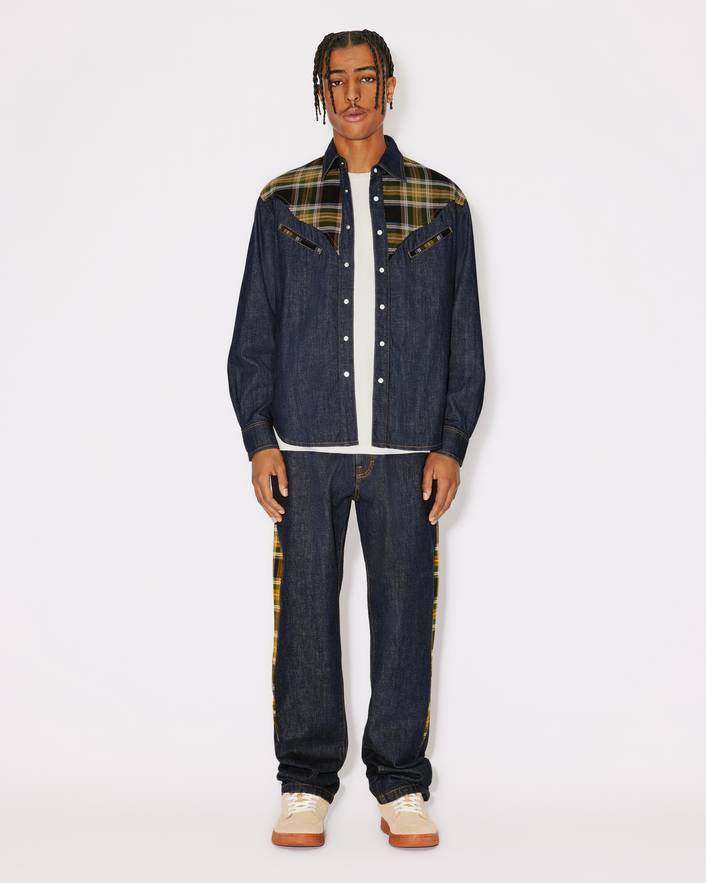 Kenzo Checked-panel Denim Shirt In Black