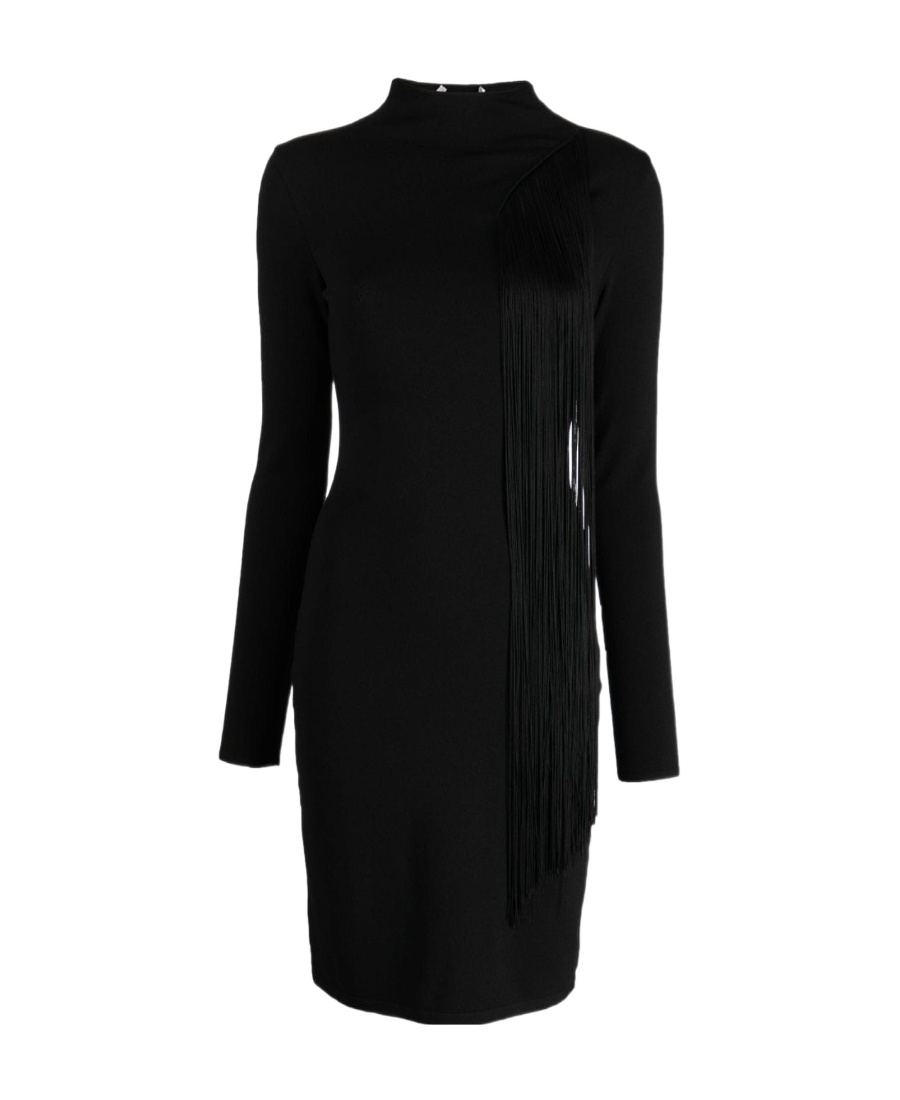 Stella Mccartney Asymmetric Fringed Knitted Dress In Black