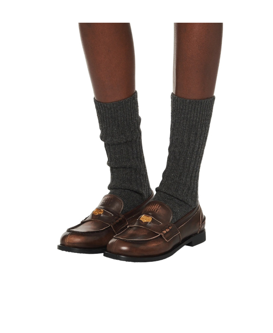 Miu Miu Logo Embossed Calf Leather Loafers In Black