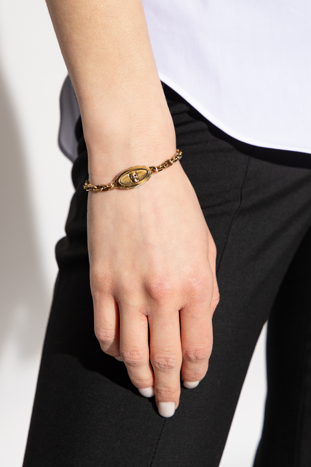Alexander Mcqueen Cuban Link Chain Bracelet With Skull Detail In Yellow