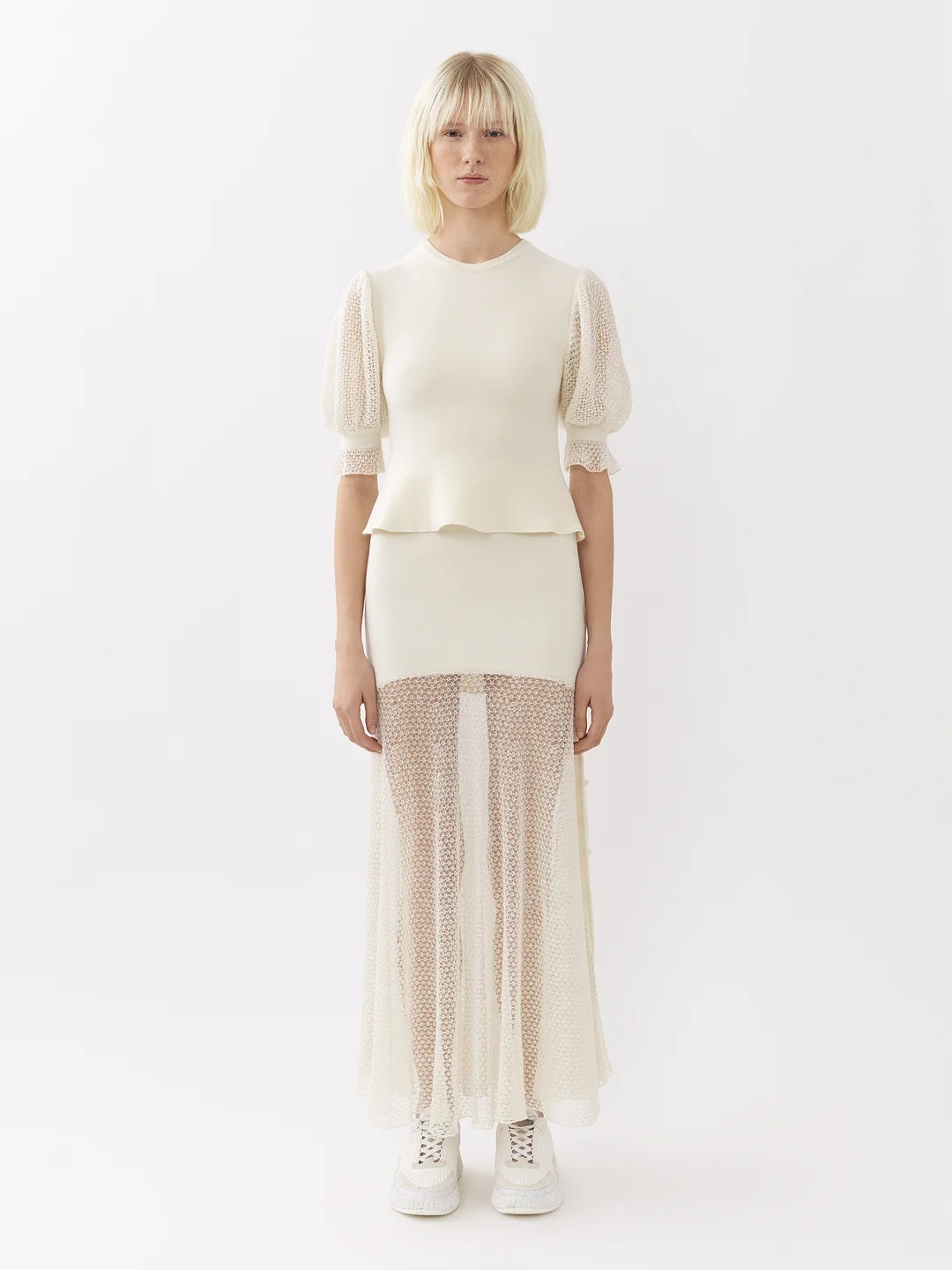 Shop Chloé Wool-blend Lace-sleeves Top In White