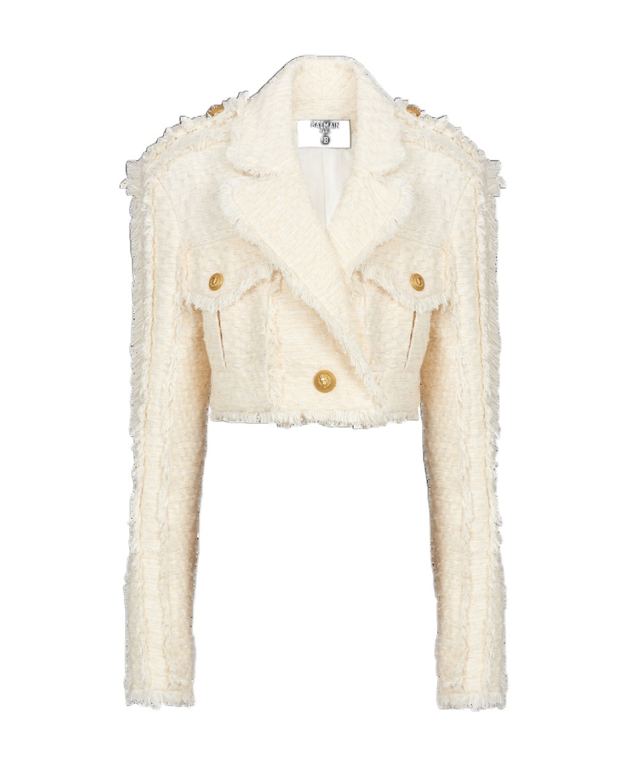 Balmain Cotton-blend Tweed Cropped Jacket In White