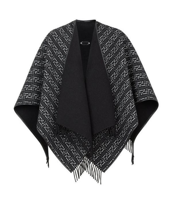 Fendi Fringed Monogram-jacquard Poncho In Black