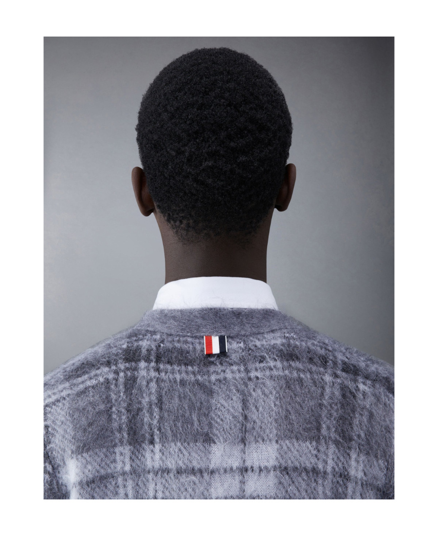 Shop Thom Browne Textured Tartan Pattern Cardigan In Blue