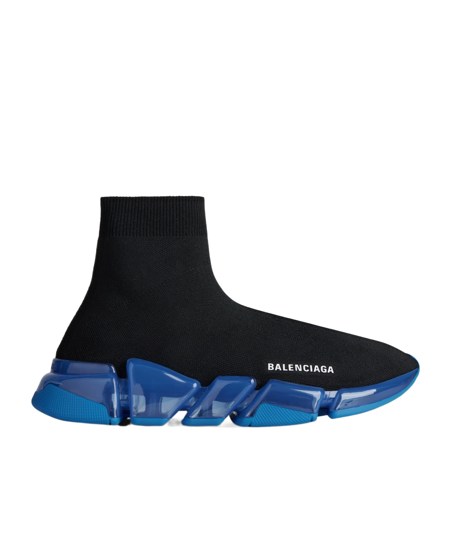 BALENCIAGA MEN'S SPEED 2.0 FULL CLEAR SOLE RECYCLED KNIT SNEAKER IN BLACK/BLUE