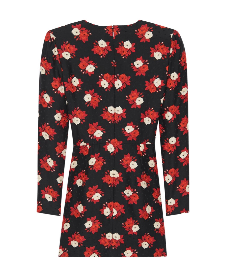 Saint Laurent Rose Print Plunge Neck Long Sleeve Silk Minidress In Multi