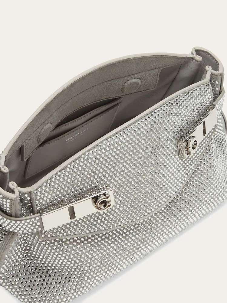 Ferragamo Crystal Decorated Mini Hug Shoulder Bag In Gray