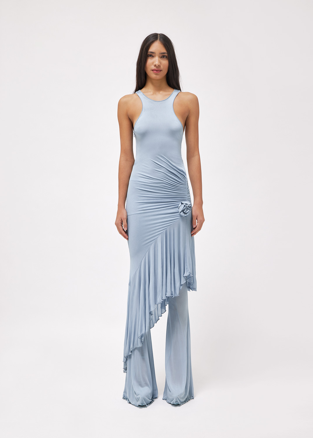 Blumarine Ruched Asymmetric Midi Dress In Gray